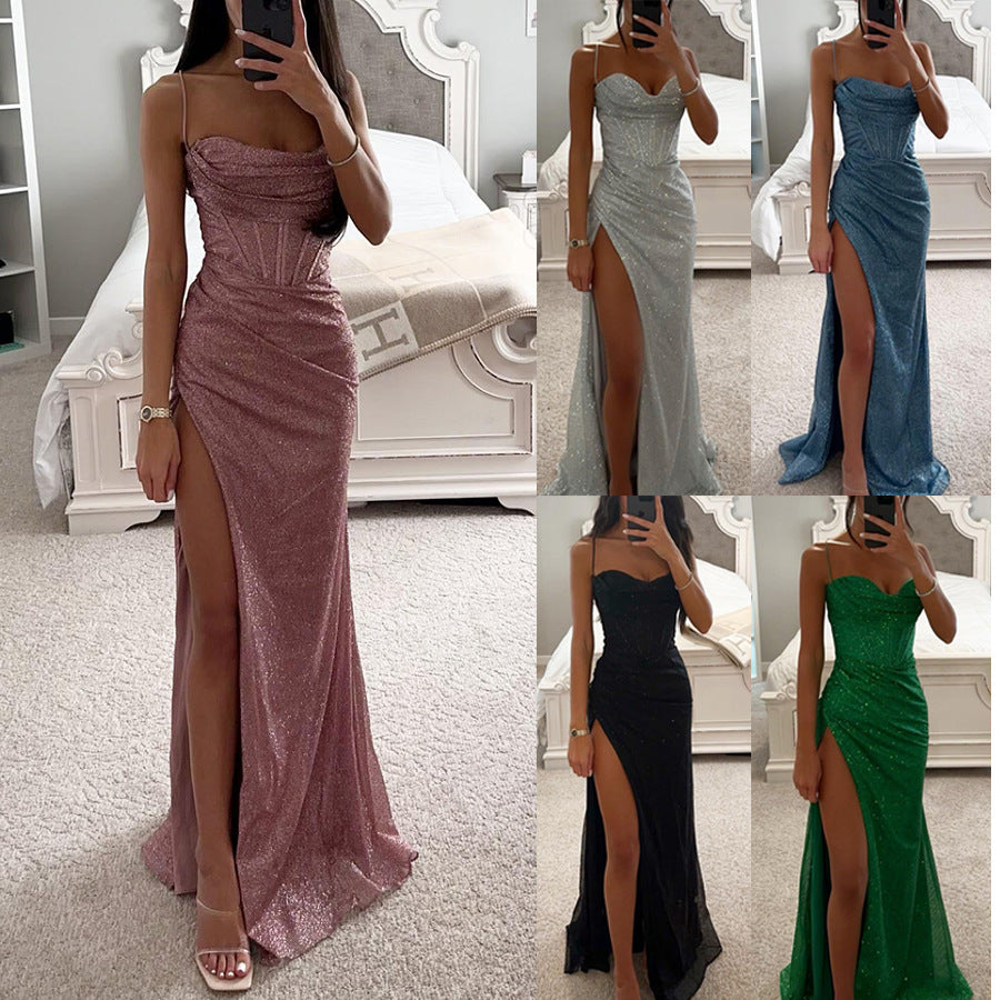 Sylvie split slip maxi dress in blush, worn, with silver, blue, black and green shown alongside - Lia Dora