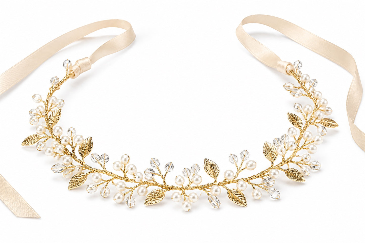 Celeste crystal and pearl hair vine headband in Gold