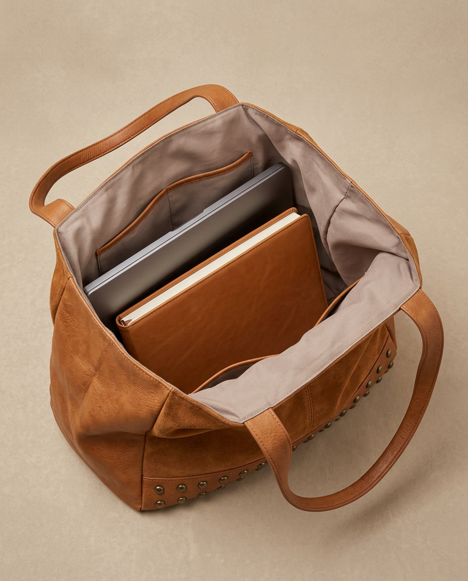Thea Soft Tote interior with laptop and notebook - Lia Dora