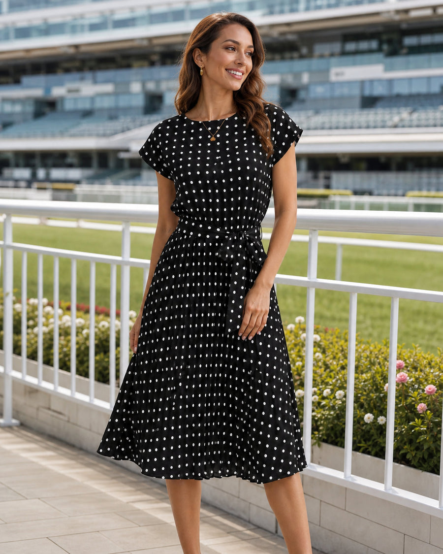 Isabelle Polka Dot Pleated Midi Dress in Black — Australian race day