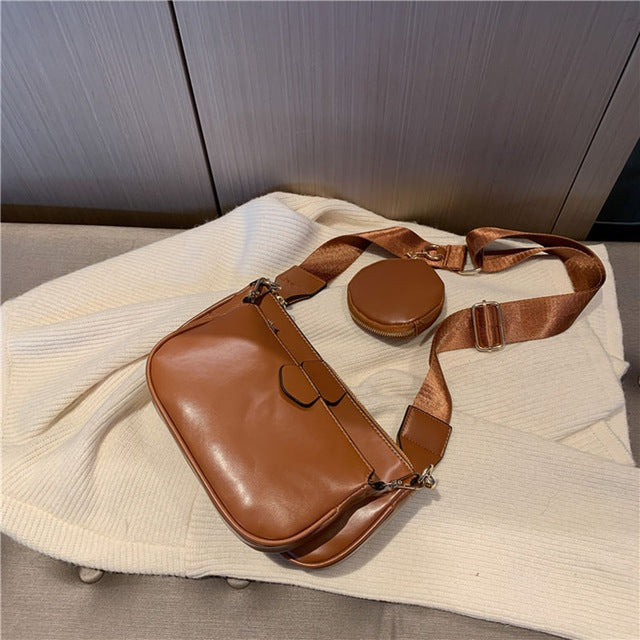 Georgia Two-Piece Bag Set in tan, shoulder bag and matching pouch shown separately
