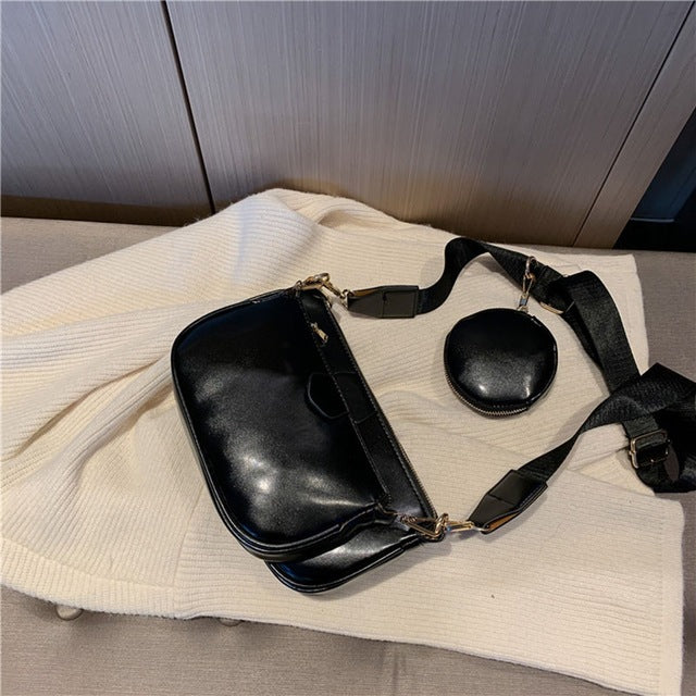 Georgia Two-Piece Bag Set in black, shoulder bag and matching pouch shown separately