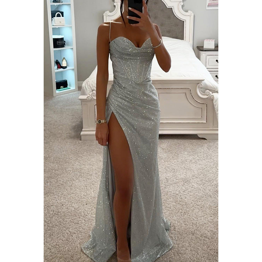 Sylvie split slip maxi dress in silver, product photo - Lia Dora