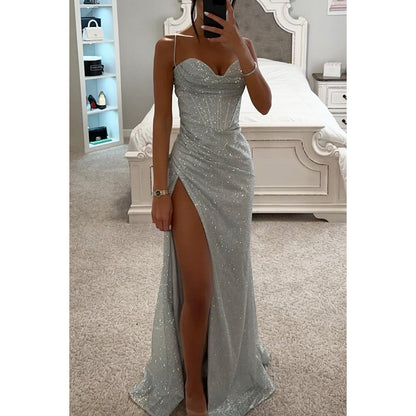 Sylvie split slip maxi dress in silver, product photo - Lia Dora