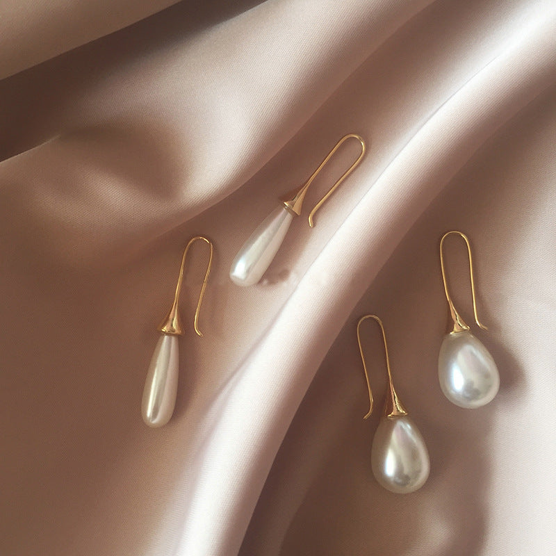 Edie pearl drop earrings, short and long length side by side