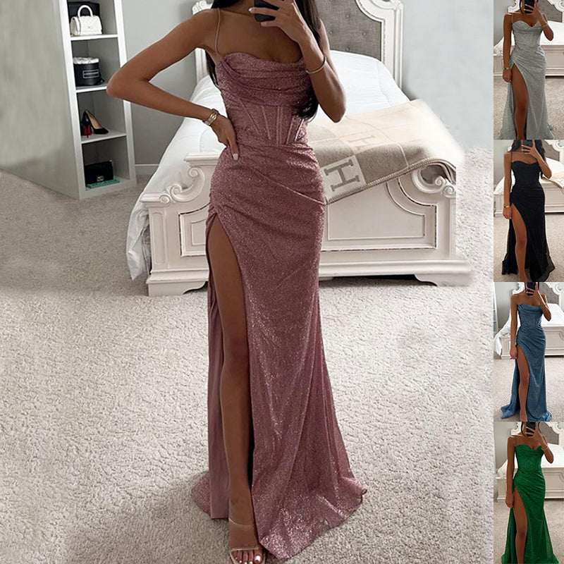 Sylvie split slip maxi dress in blush, worn, with silver, black and green shown alongside - Lia Dora