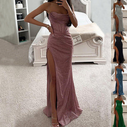 Sylvie split slip maxi dress in blush, worn, with silver, black and green shown alongside - Lia Dora