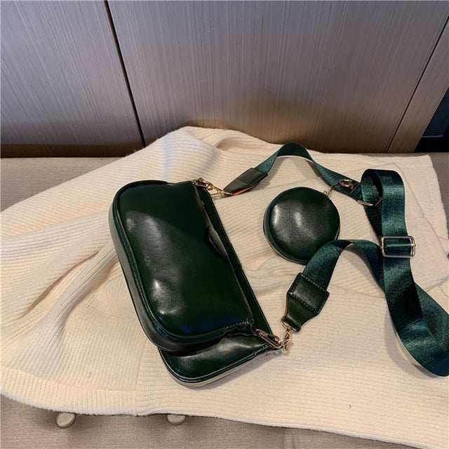 Georgia Two-Piece Bag Set in green, shoulder bag and matching pouch shown separately