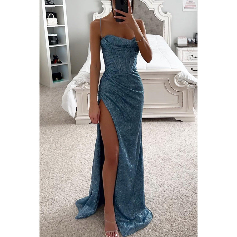 Sylvie split slip maxi dress in blue, product photo - Lia Dora