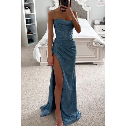 Sylvie split slip maxi dress in blue, product photo - Lia Dora