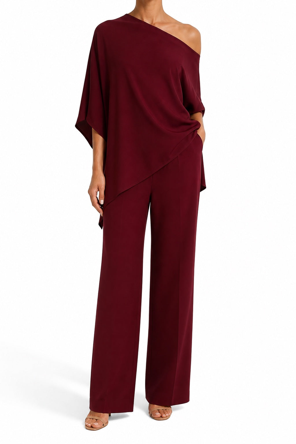 Anouk draped batwing top and trouser set in Wine Red