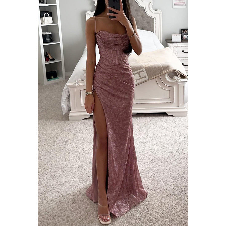 Sylvie split slip maxi dress in blush, product photo - Lia Dora