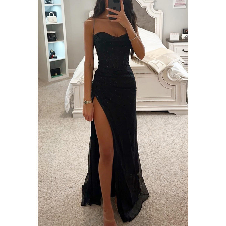 Sylvie split slip maxi dress in black, product photo - Lia Dora