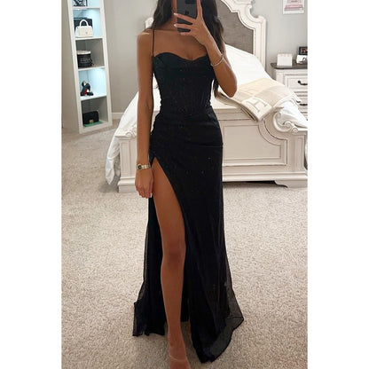 Sylvie split slip maxi dress in black, product photo - Lia Dora