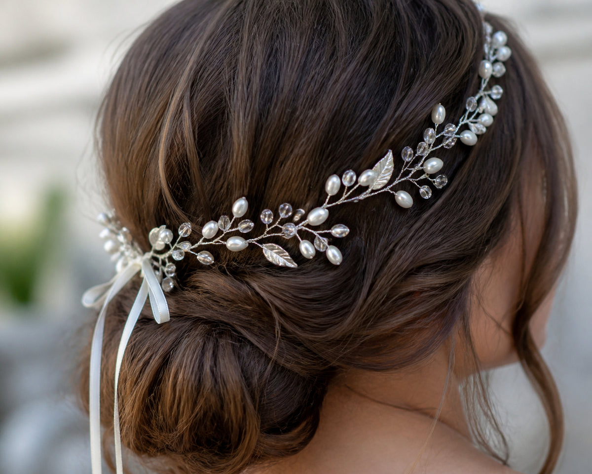 Celeste crystal and pearl hair vine headband detail