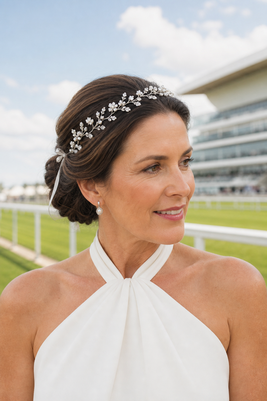 Celeste crystal and pearl hair vine headband worn at Australian race day