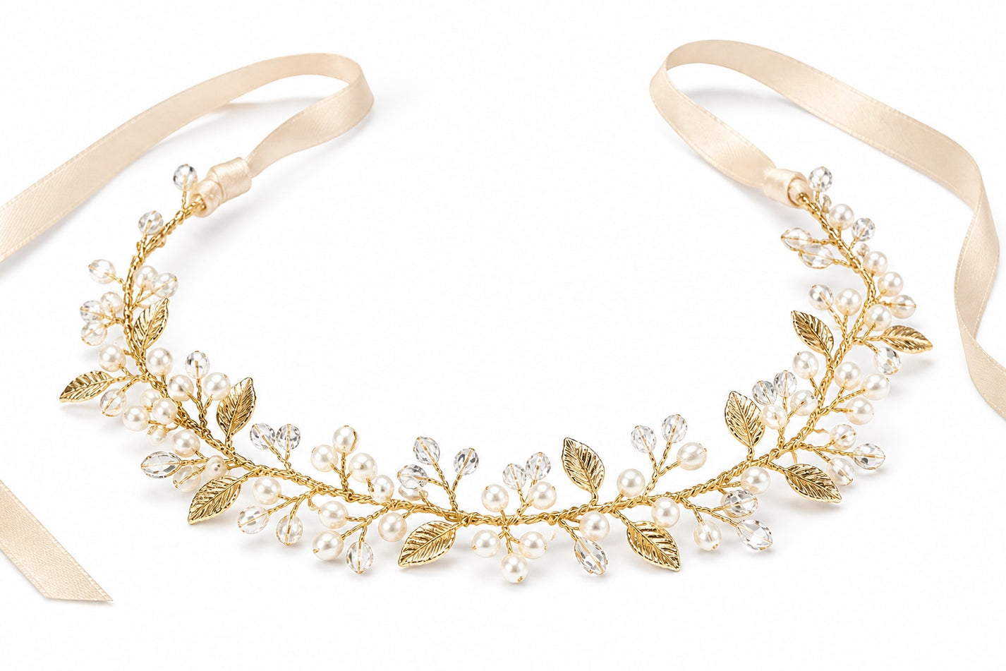 Celeste crystal and pearl hair vine headband in Gold