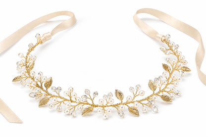 Celeste crystal and pearl hair vine headband in Gold