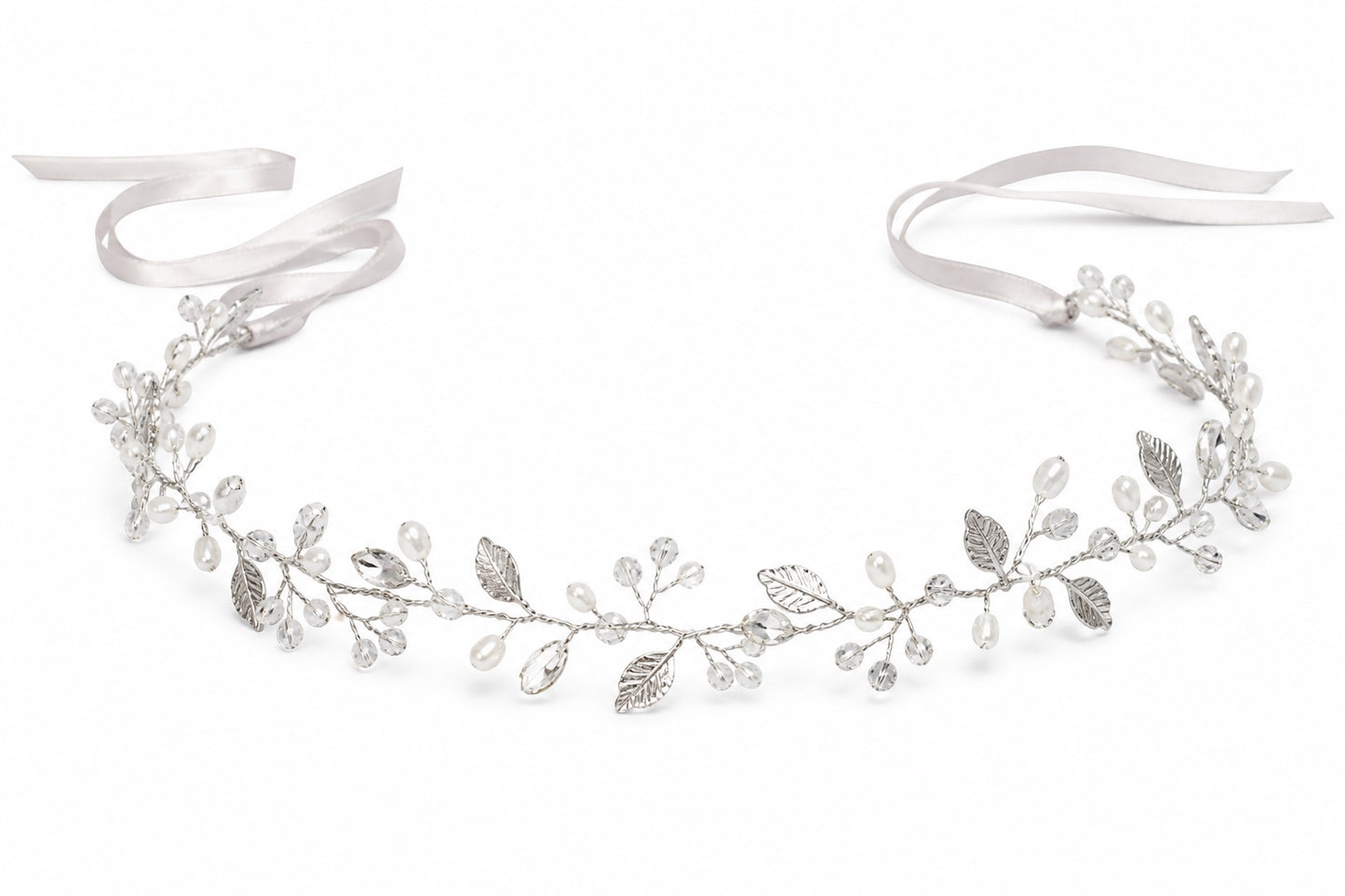 Celeste crystal and pearl hair vine headband in Silver