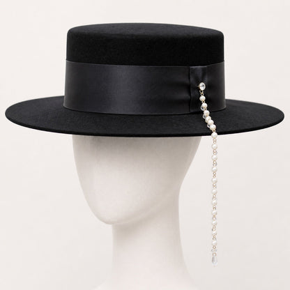 Cleo Pearl Band Felt Boater in black with long side pearl and crystal chain