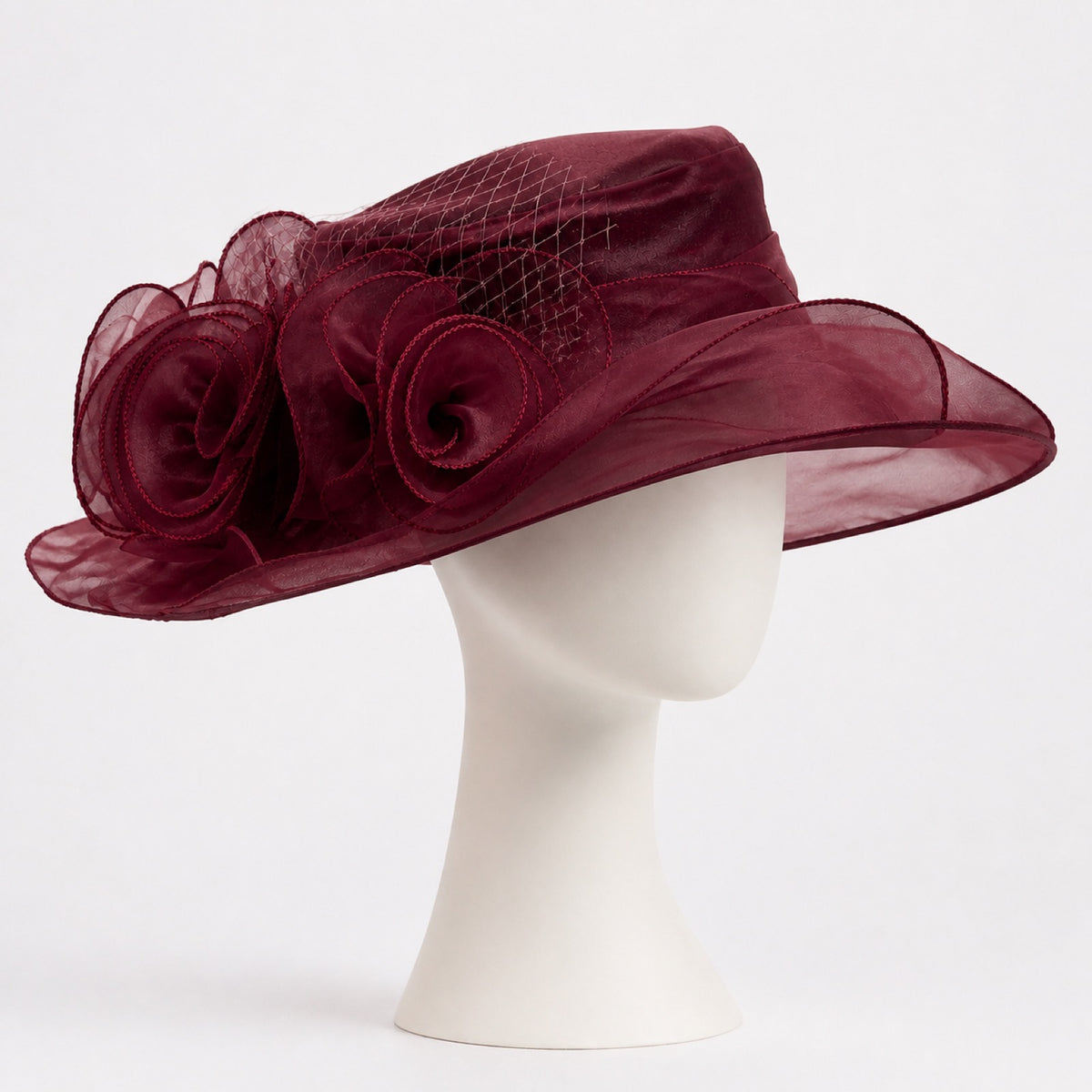 Delphine Organza Rose Wide Brim Hat in burgundy