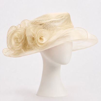 Delphine Organza Rose Wide Brim Hat in champagne