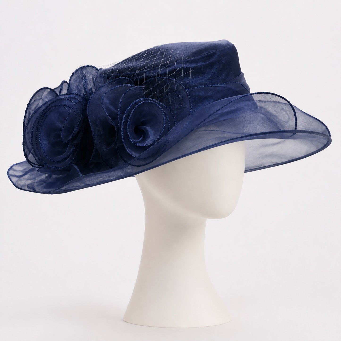 Delphine Organza Rose Wide Brim Hat in navy