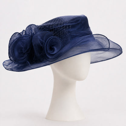 Delphine Organza Rose Wide Brim Hat in navy