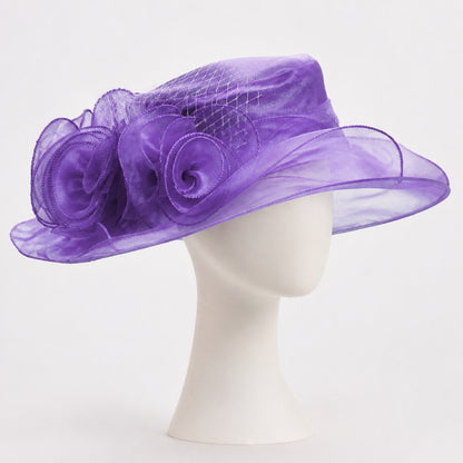 Delphine Organza Rose Wide Brim Hat in purple