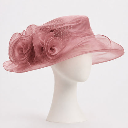 Delphine Organza Rose Wide Brim Hat in rose