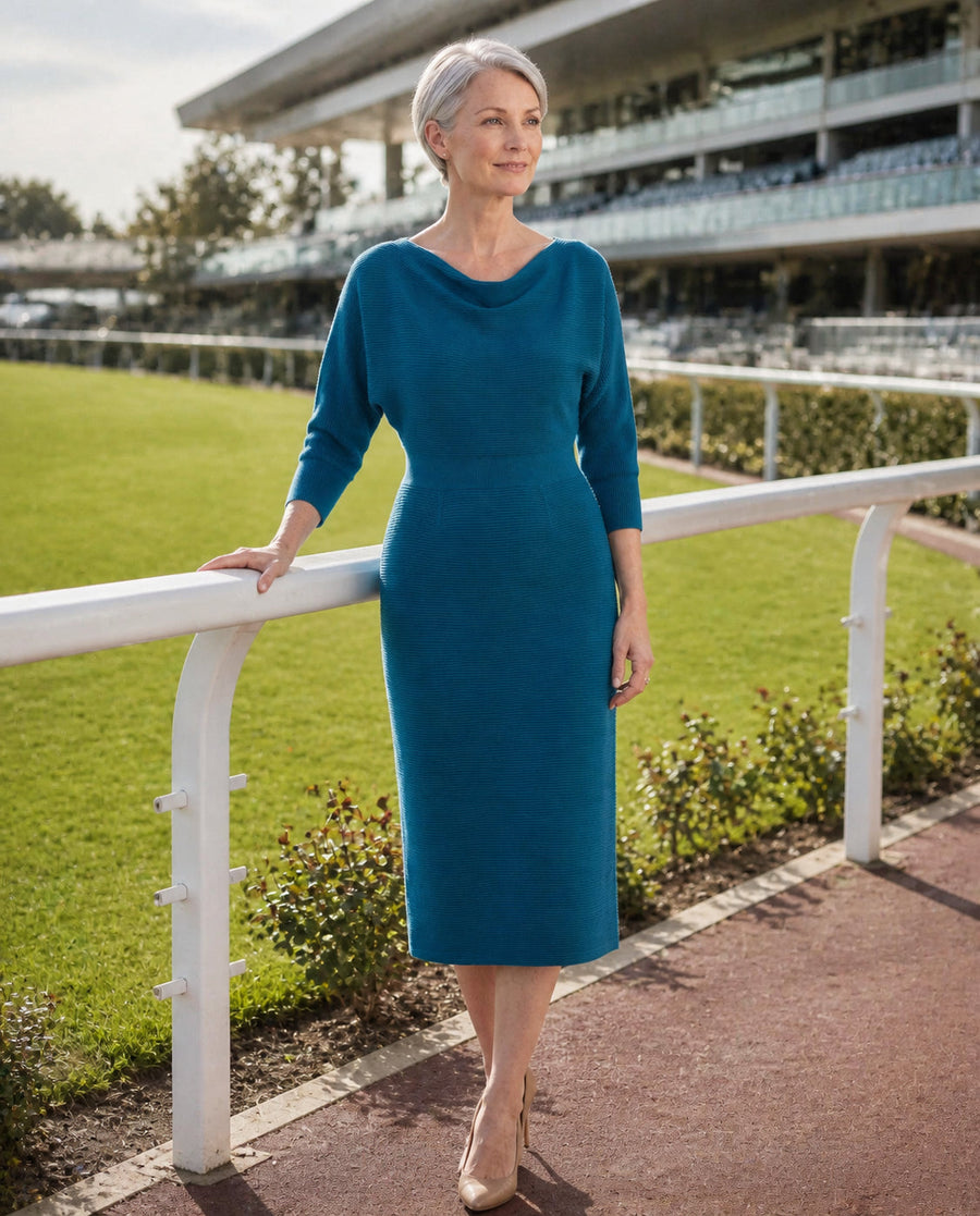 Elena Ribbed Cowl-Neck Midi Dress in Peacock Blue — Australian race day