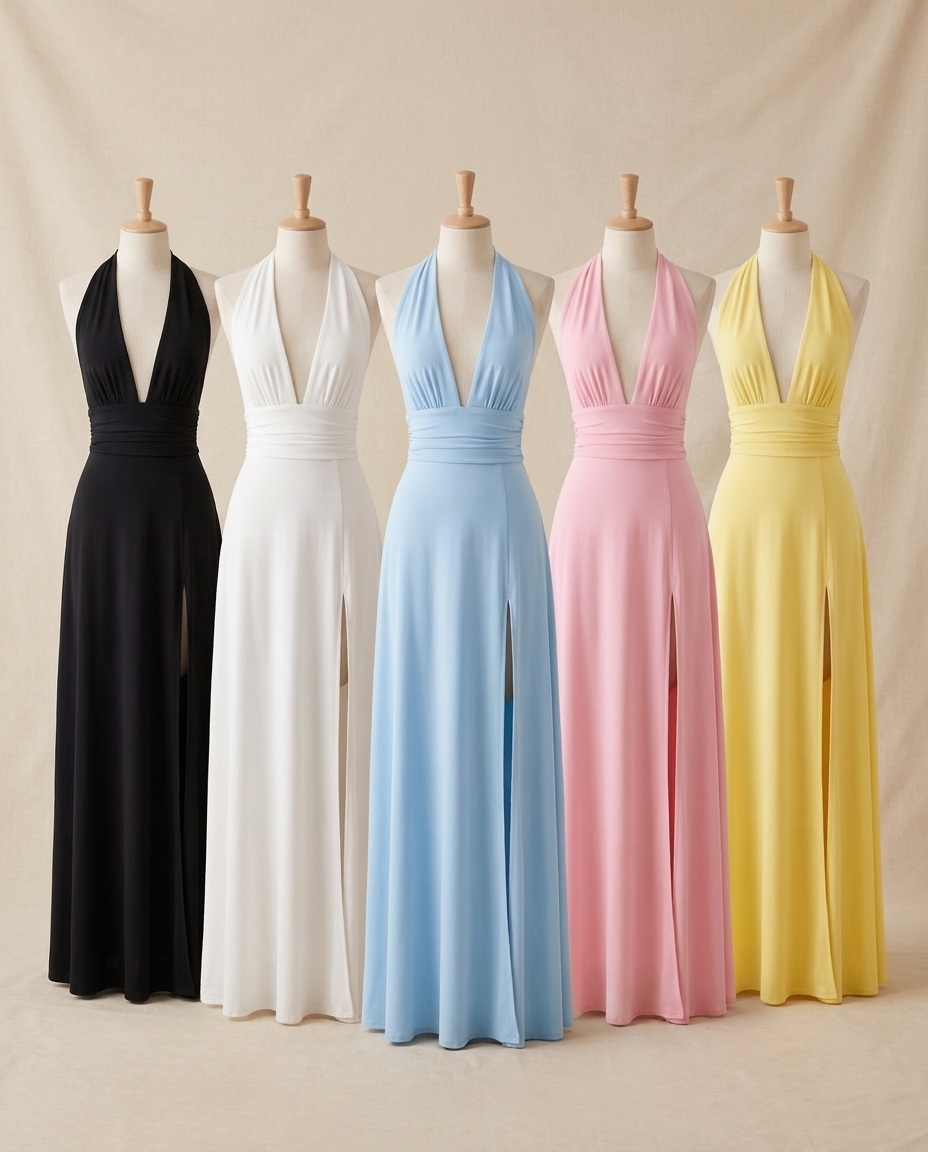 Delphine halterneck slit maxi dress in black, white, blue, pink and yellow - Lia Dora