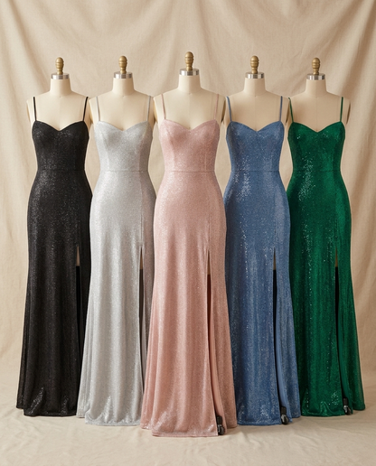 Sylvie split slip maxi dress in black, silver, blush, blue and green - Lia Dora