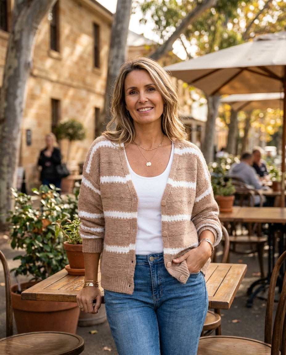 Cora striped V-neck knit in camel, worn - Lia Dora