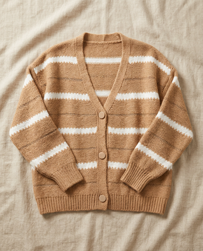 Cora striped V-neck knit in camel, detail - Lia Dora
