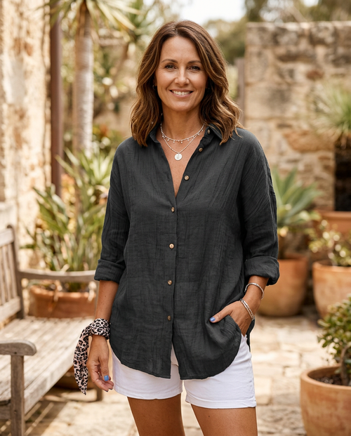 Esme relaxed pleated shirt in black, worn - Lia Dora