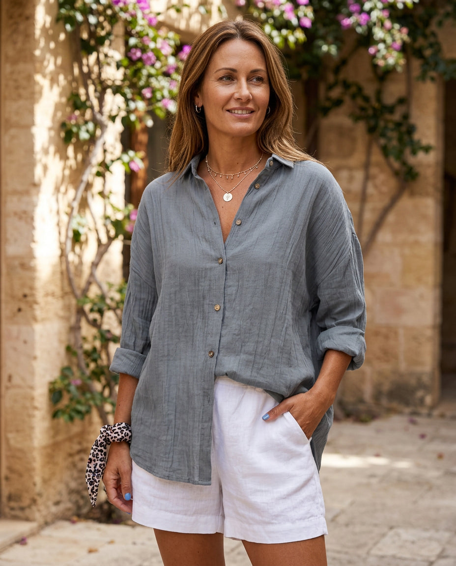 Esme relaxed pleated shirt in grey, worn - Lia Dora