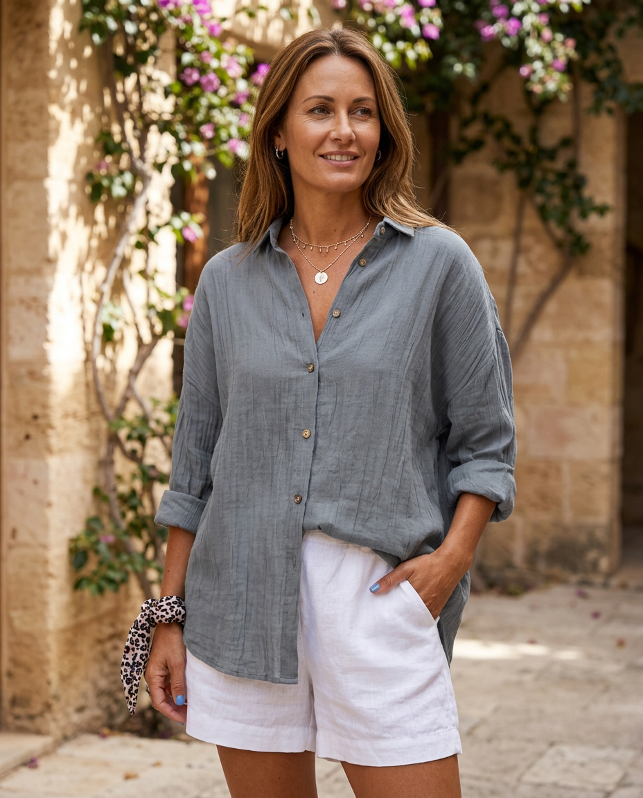 Esme relaxed pleated shirt in grey, worn - Lia Dora