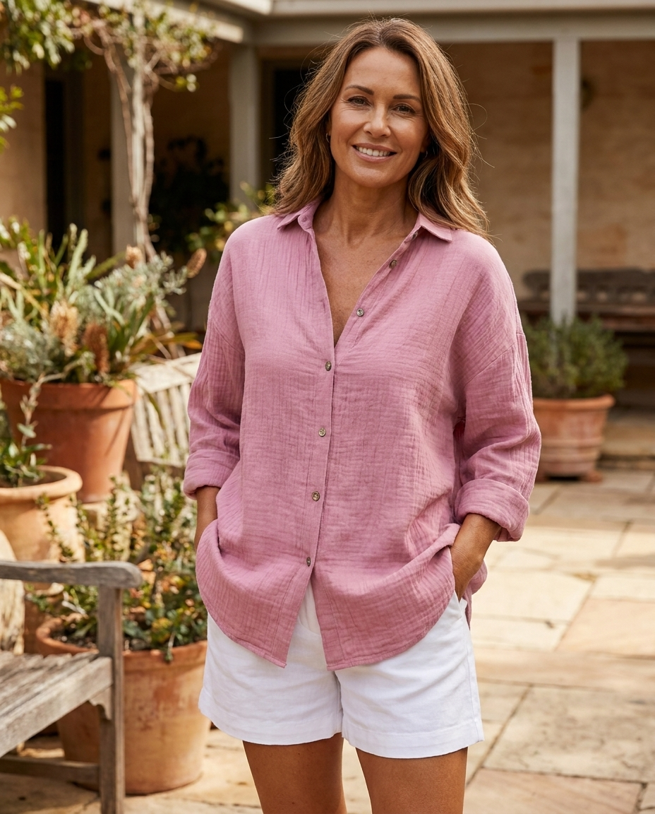 Esme relaxed pleated shirt in pink, worn - Lia Dora