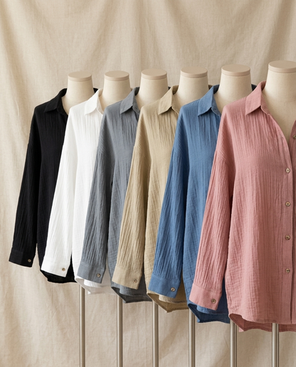 Esme relaxed pleated shirt in black, white, grey, khaki, blue and pink - Lia Dora