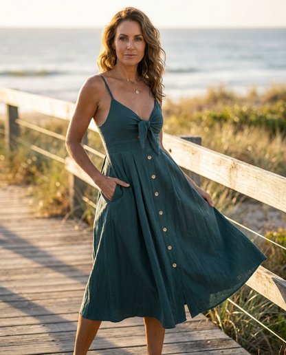 Fleur button-front strappy midi dress in teal, worn - Lia Dora