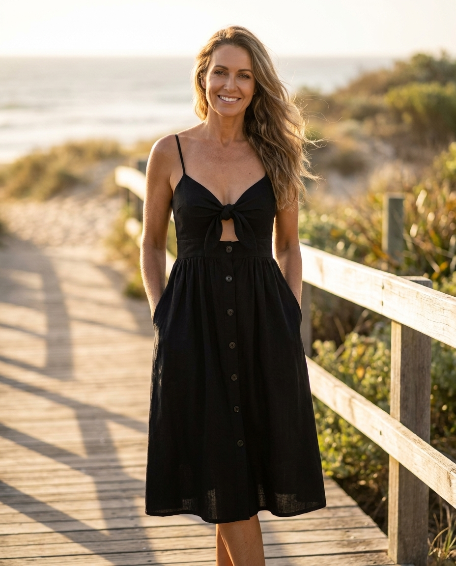 Fleur button-front strappy midi dress in black, worn - Lia Dora