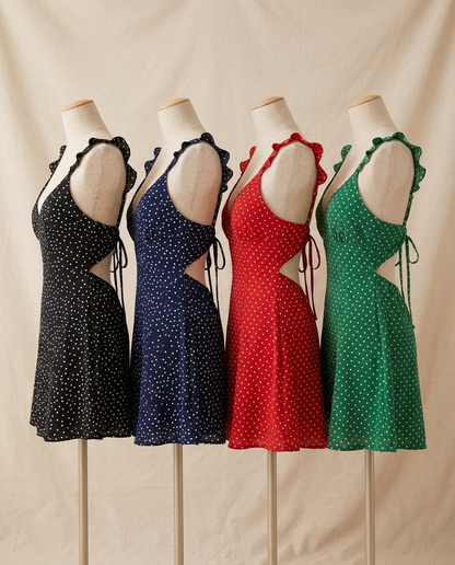 Iris Polka Dot Tie-Back Dress in black, navy, red and green - Lia Dora