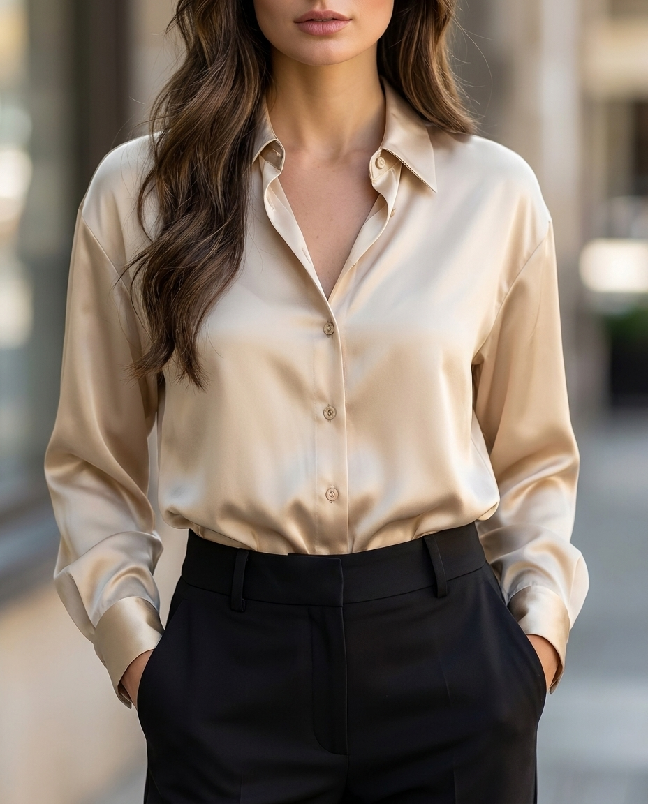 Josephine satin shirt in champagne, worn - Lia Dora