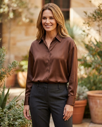 Josephine satin shirt in brown, worn - Lia Dora