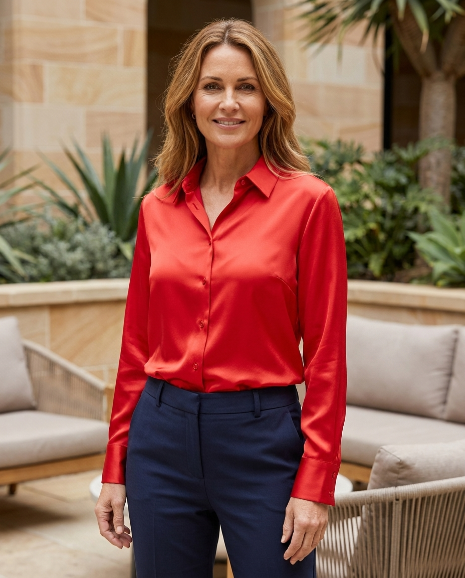 Josephine satin shirt in bright red, worn - Lia Dora