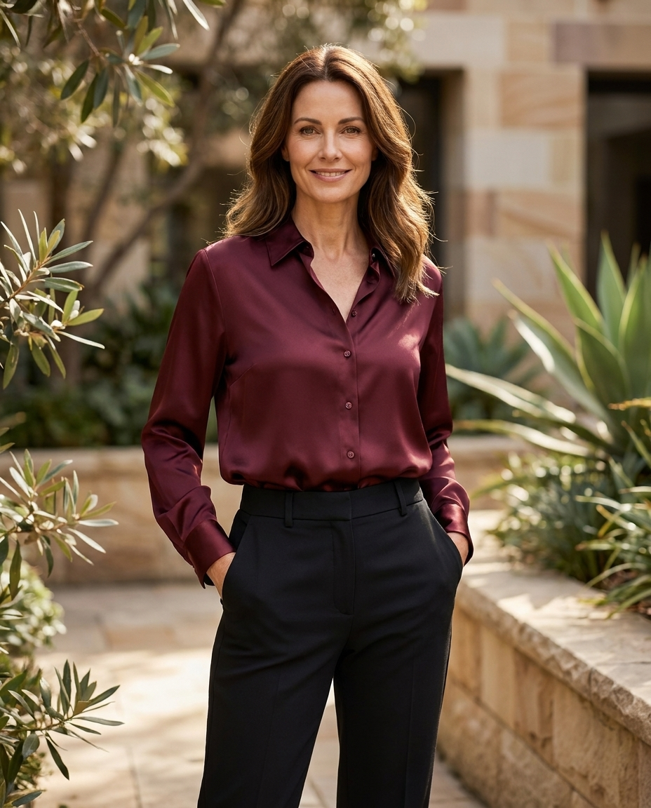 Josephine satin shirt in wine red, worn - Lia Dora
