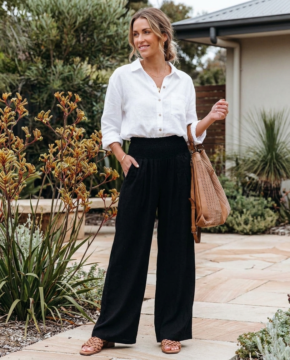 June wide-leg linen trousers in black, worn - Lia Dora