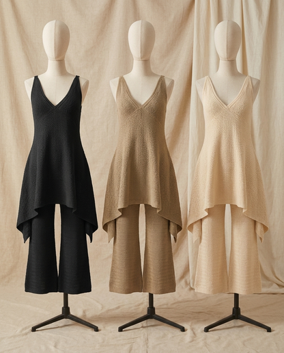Ines knit tank and trouser set in black, khaki and apricot - Lia Dora