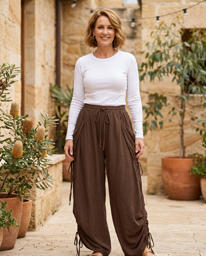 Saskia drawstring wide-leg trousers in brown, worn - Lia Dora